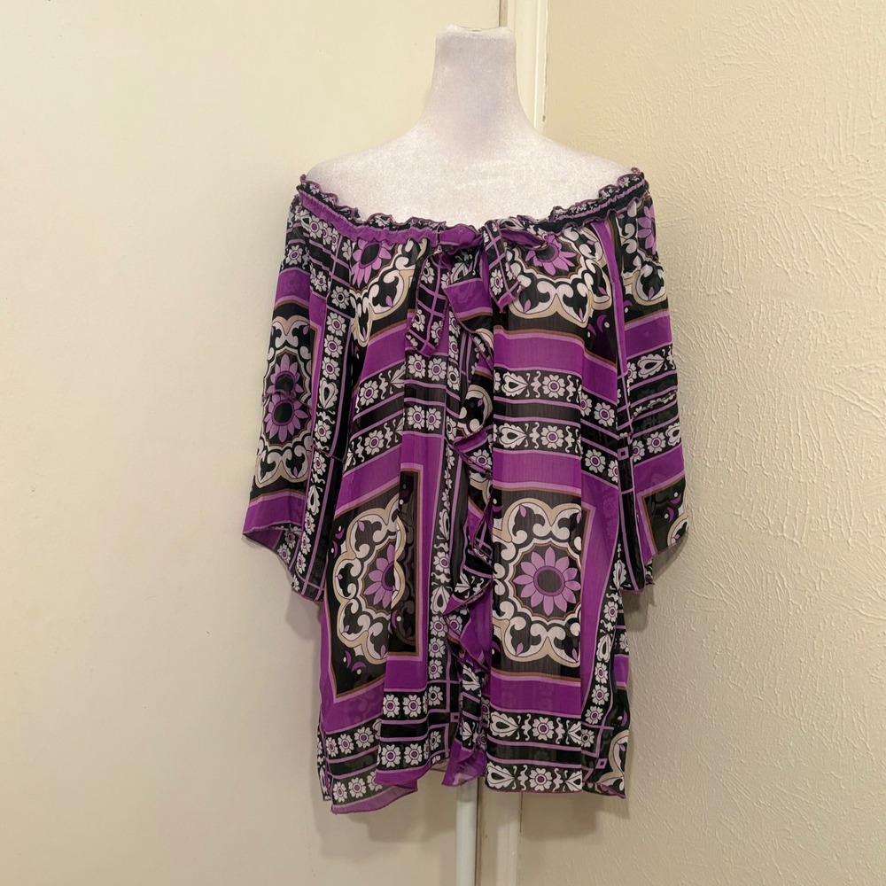 Camille La Vie Purple Floral Geometric Sheer Adjustable Off Shoulder Blouse Sz M